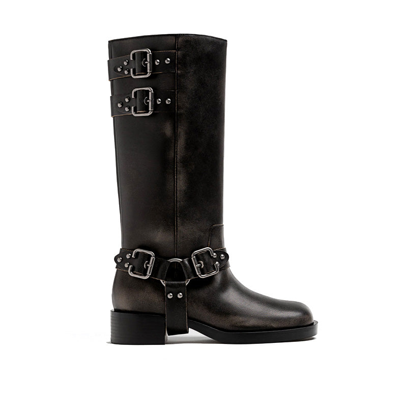 Distressed Boots Manufacturer Vintage Leather Square Toe Buckle Midi Boots Custom Buckle Midi Flat Distressed Boots 2025