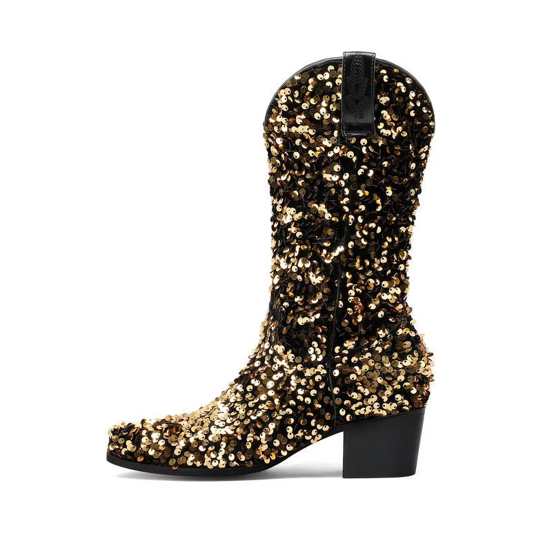 2025 High Heel Midcalf Red Sequin Boots Sexy Party Wear for Ladies OEM ODM Steel Toe for Winter and Summer