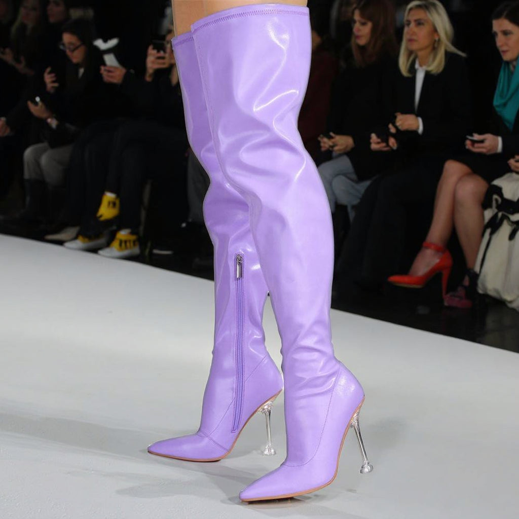 Beautiful Color Classic Over the Knee Boots Purple Shoes Thigh High Heel Boots Pointed Toe Clear Heel Women Shoes Plus Size