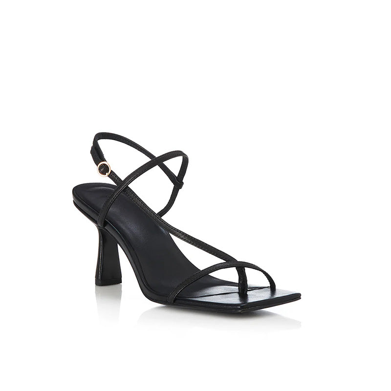 Mid Heel Thong Strappy Sandals Square Toe Height Increasing Leather Party Cushioning Fashion Trend Summer