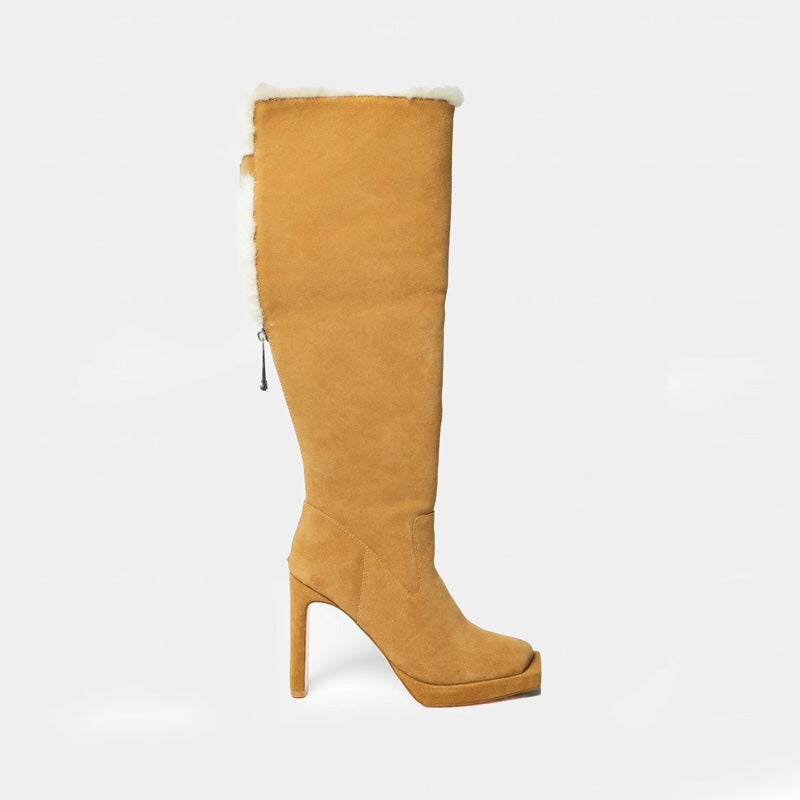 Women's Winter Square Toe High Heel Fur Boots Fashion Trend Knee-High Suede Long Boots with Soft Leather Shaft