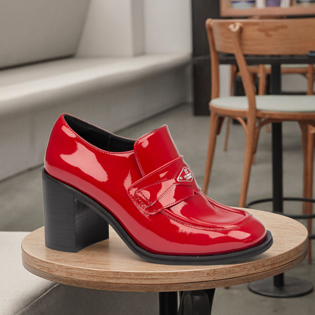 Shiny Red Leather Chunky Heel Square Toe Pumps 2025 Fashion Slip on Square Heel Mary Jane Pumps Women Ankle Boots