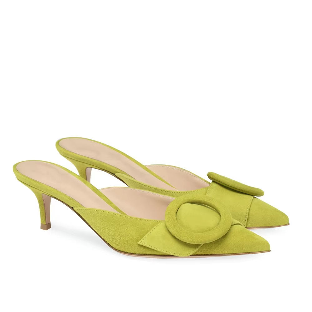 Women's Super Buckle Kitten Heel Mules Sky Blue Suede Closed Pointed Toe Slippers Light Weight Canvas Spring Autumn