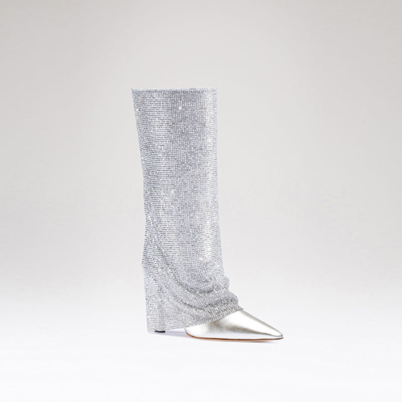 2025 Women's Luxury Silver Bright Rhinestone High-Heeled Long Boots Knee High Catwalk Nightclub Western Printed