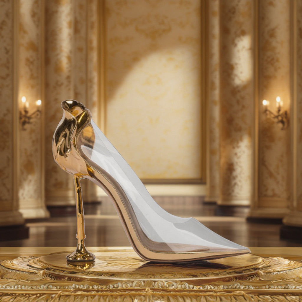 Women PVC Heels Pumps Pointed Toe Transparent PVC Upper Metallic Gold Heel Shoes Luxury Party Wedding Pumps for Summer