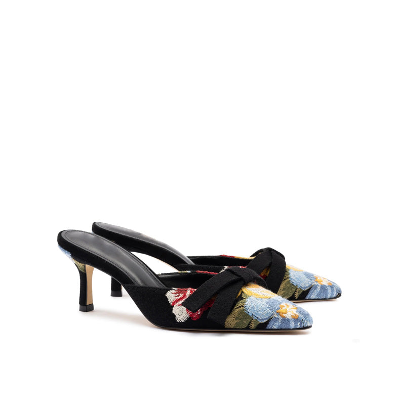 Elegant Women Mule Heels 2025 New Design Custom Textured Wool Floral Embroidery Low Heel Pumps Fashion Trend