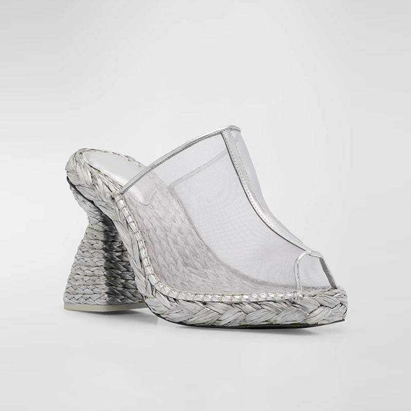 High Heel Espadrille Shoes Women Open Toe Barefoot Pumps Transparent PVC Upper Woven Block Heel Breathable Leather PU