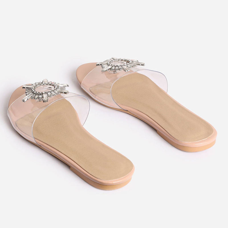 Women Open Toe Transparent Clear PVC Casual Flat Slide Crystal Slippers Women Shoe Manufacturer Custom Flat Sandals