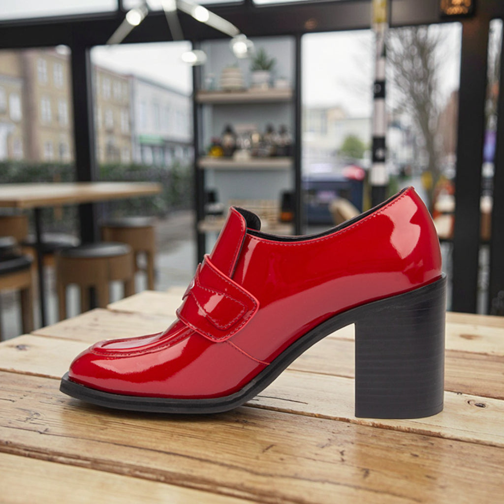 Shiny Red Leather Chunky Heel Square Toe Pumps 2025 Fashion Slip on Square Heel Mary Jane Pumps Women Ankle Boots