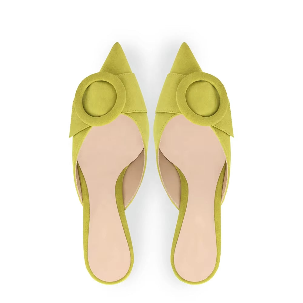 Women's Super Buckle Kitten Heel Mules Sky Blue Suede Closed Pointed Toe Slippers Light Weight Canvas Spring Autumn
