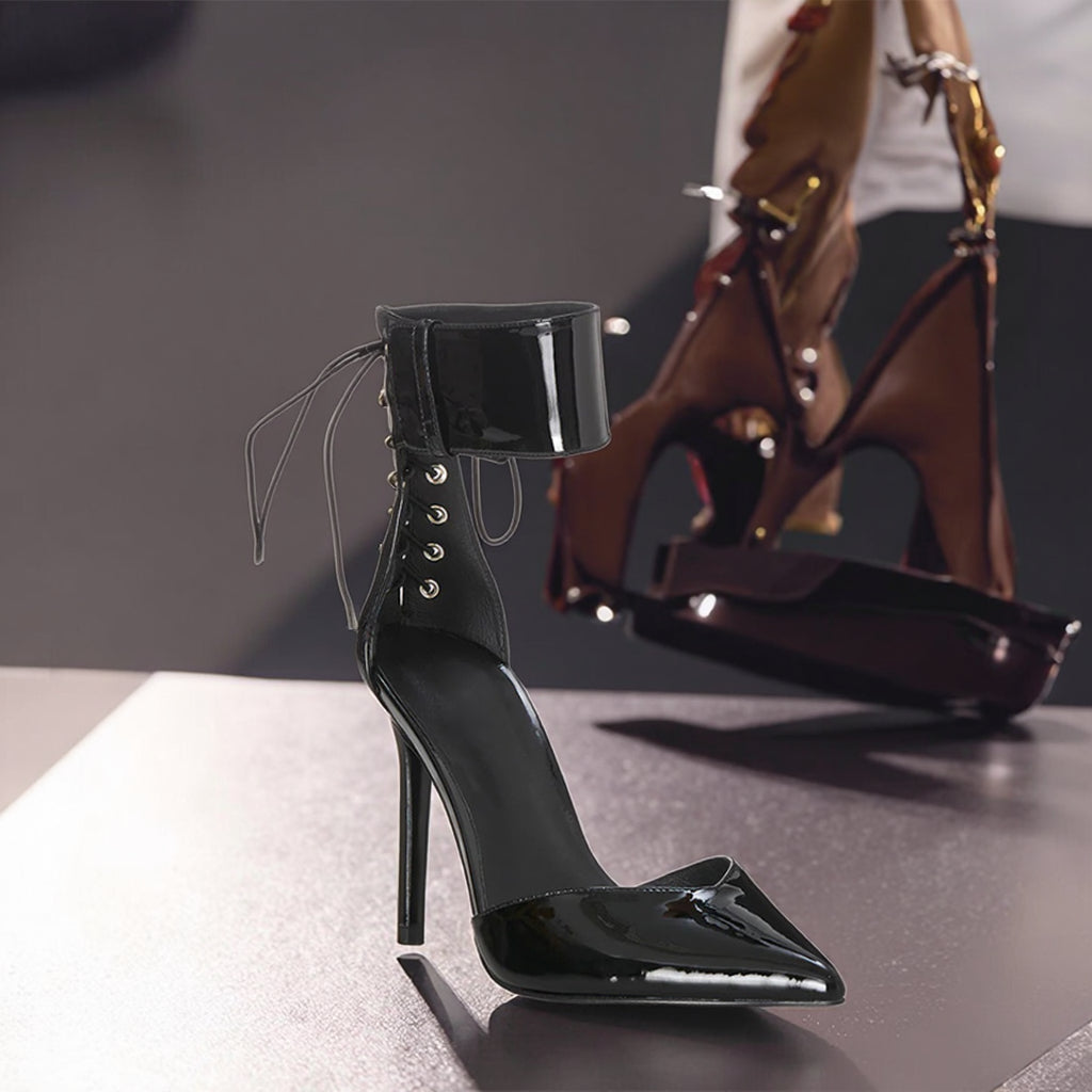 Luxury High Heel Stiletto Patent Ballerina Shoes Ankle Strap with Chain & Point Toe Genuine Leather Lining Pencil Heel Shoes