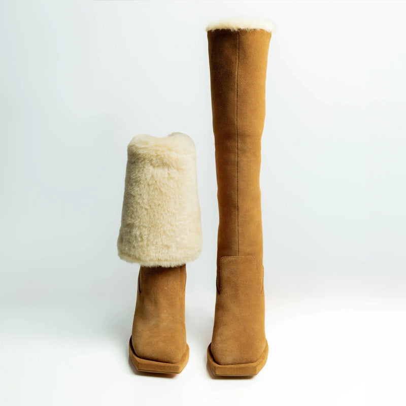 Women's Winter Square Toe High Heel Fur Boots Fashion Trend Knee-High Suede Long Boots with Soft Leather Shaft