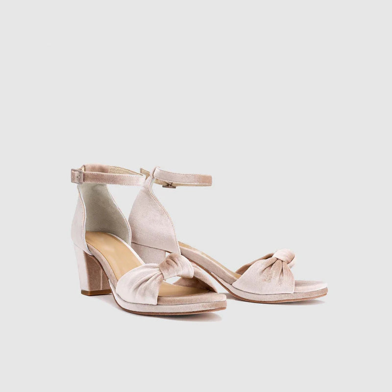 Women's Champagne Velvet High-Heeled Lace Sandals Open Toe Bowknot Elegant Low Chunky Heel Sandals