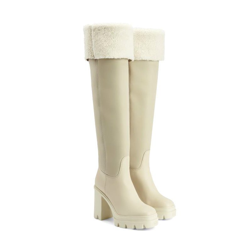 Winter Knee High Boots with Waterproof Platform Rubber Sole Chunky Heel and Snowy Fur Lining Manufacturer Made