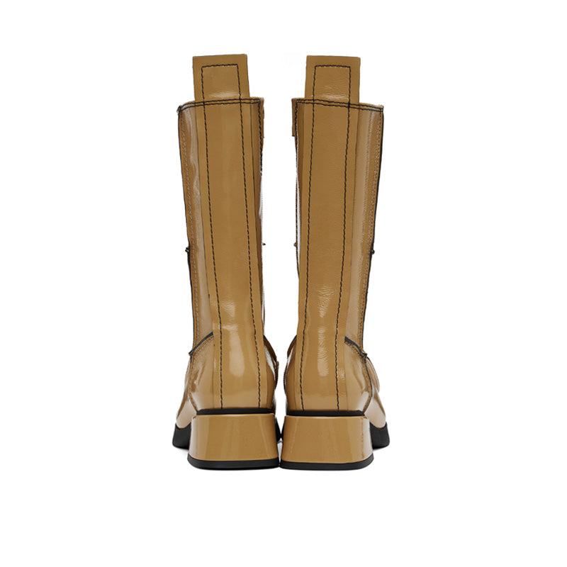 2025 Designer Low Heel Knee High Boots Fashionable Stitching Upper Square Toe Block Heel Knee High Boots For Women