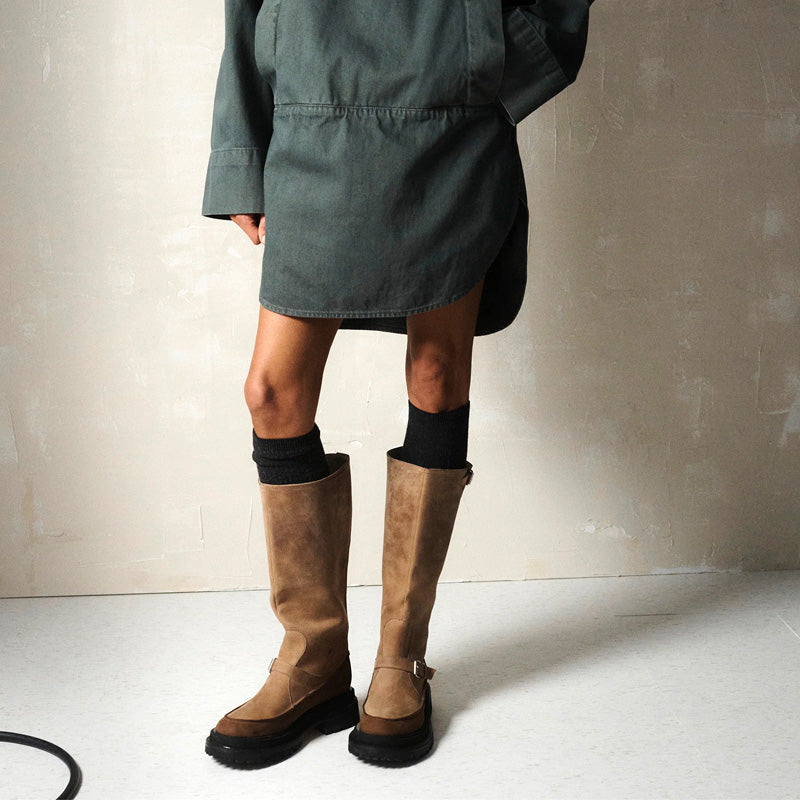 Women's Elegant Midi Winter Warm Boots Suede Leather Flock with Belt Buckle Zipper Round Toe Western Style Flat Design