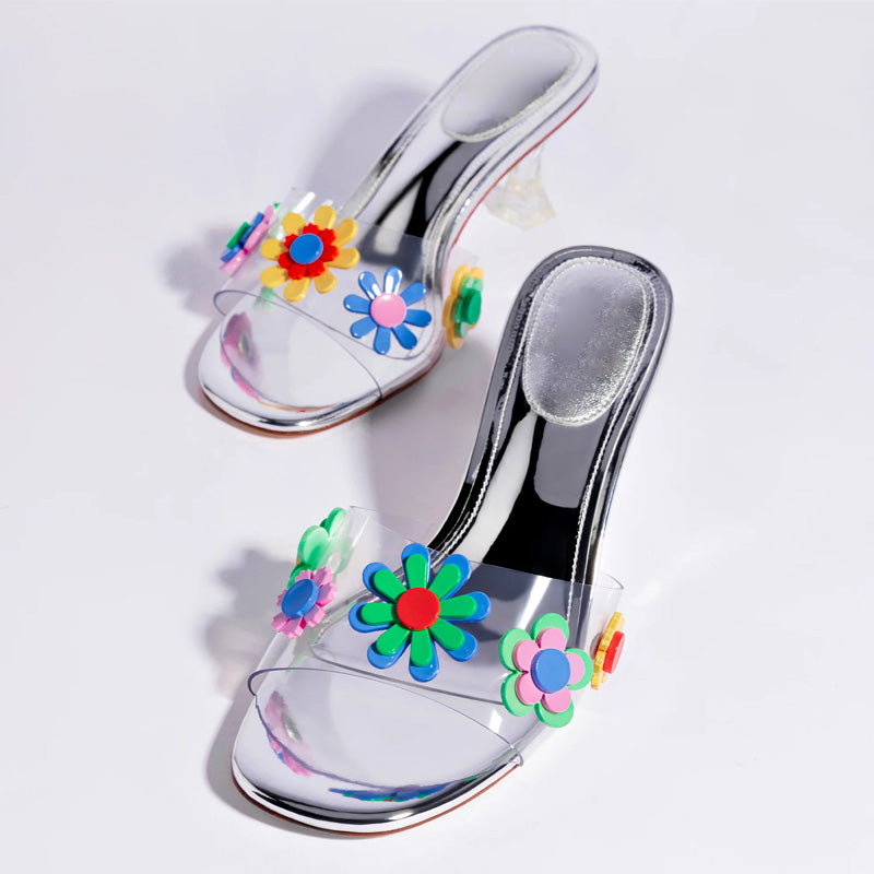 Clear Heel Open Toe Sandals for Girls Transparent Crystal Summer Beach Shoes Cute Flower Decoration Anti-Slip Feature