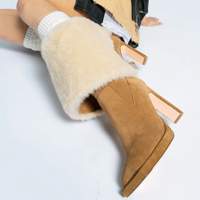 Women's Winter Square Toe High Heel Fur Boots Fashion Trend Knee-High Suede Long Boots with Soft Leather Shaft