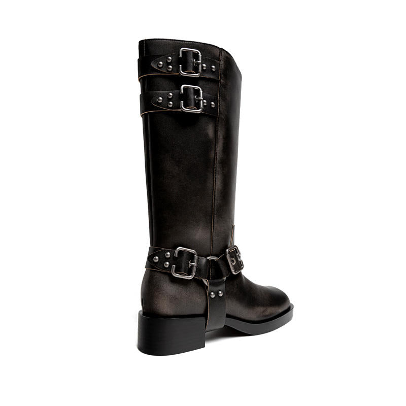 Distressed Boots Manufacturer Vintage Leather Square Toe Buckle Midi Boots Custom Buckle Midi Flat Distressed Boots 2025