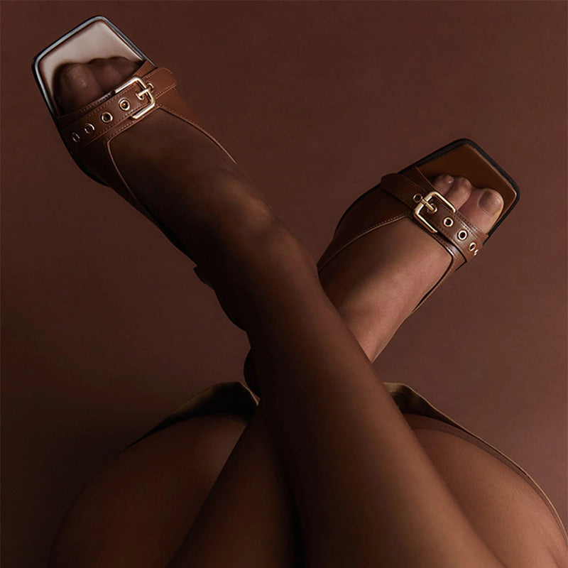 European American Style Heeled Sandals with Open Toe New Summer Classic Mental Buckle Straps Thick Heel Casual Slipper Sandals