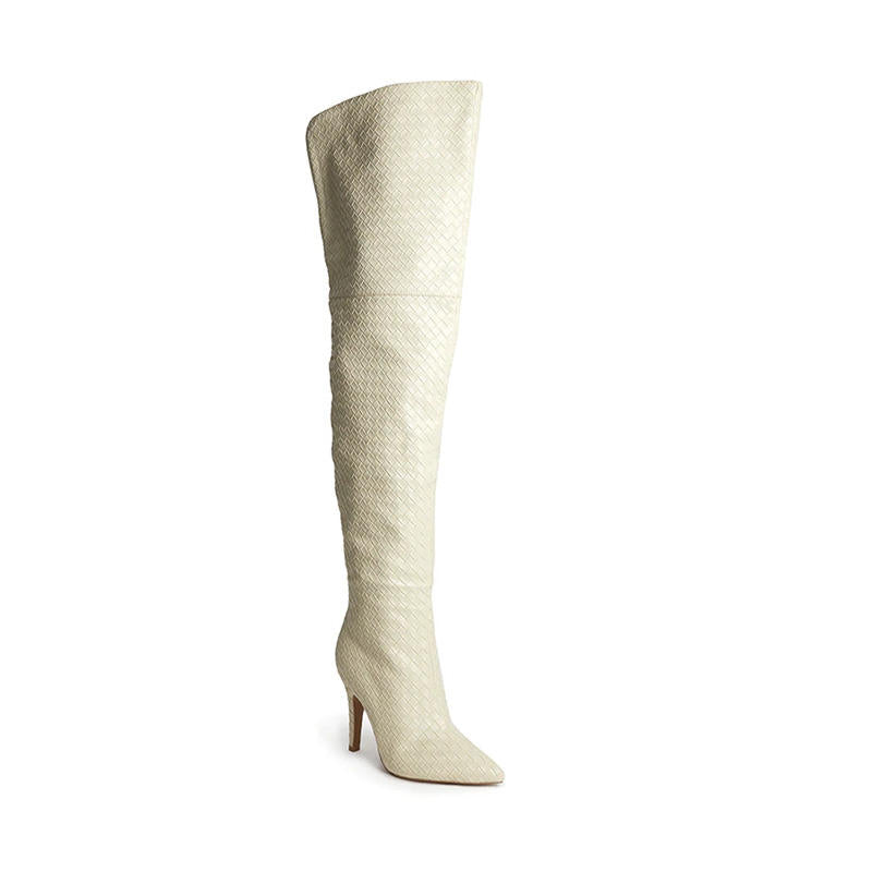 Women's White Woven Thigh High Boots New Style Zipper Winter Long Boots with Thin Low Heel for Autumn