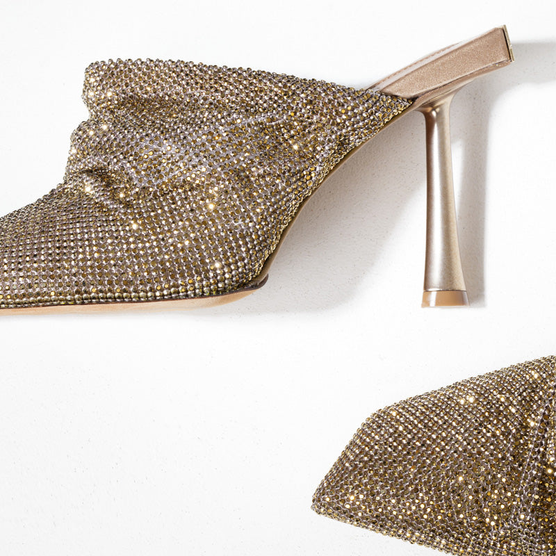 2025 Bling Bling Gold Rhinestone Upper Heels Lady's Evening Party Luxury Stiletto Heel Slippers Sandals Pumps