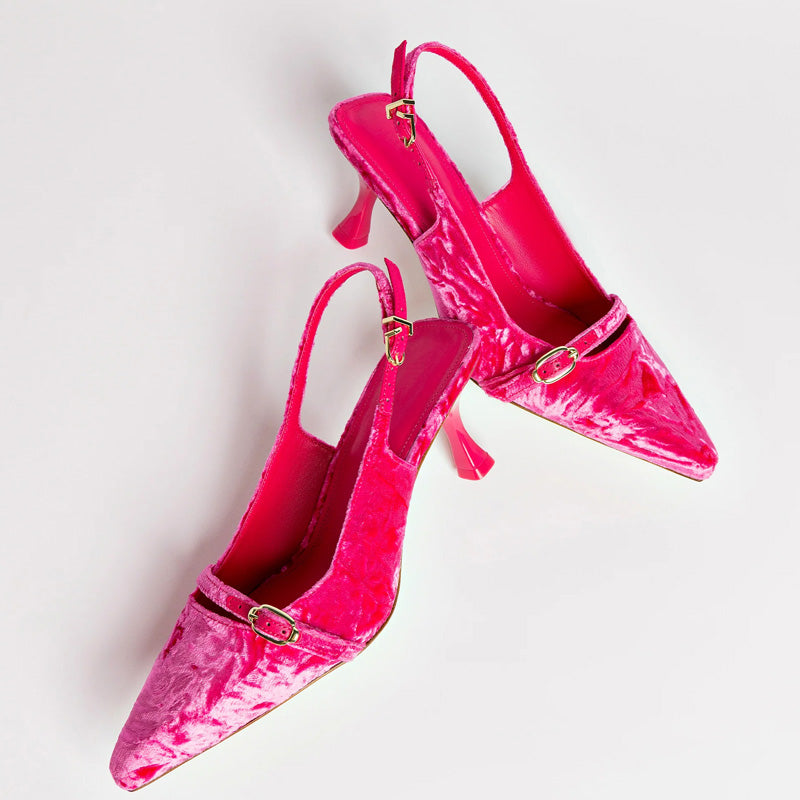 Women's Designer Pink Velvet Heels Pumps Custom Soft Genuine Leather Low Heel Dress Shoes with Light Feature D'orsay Style