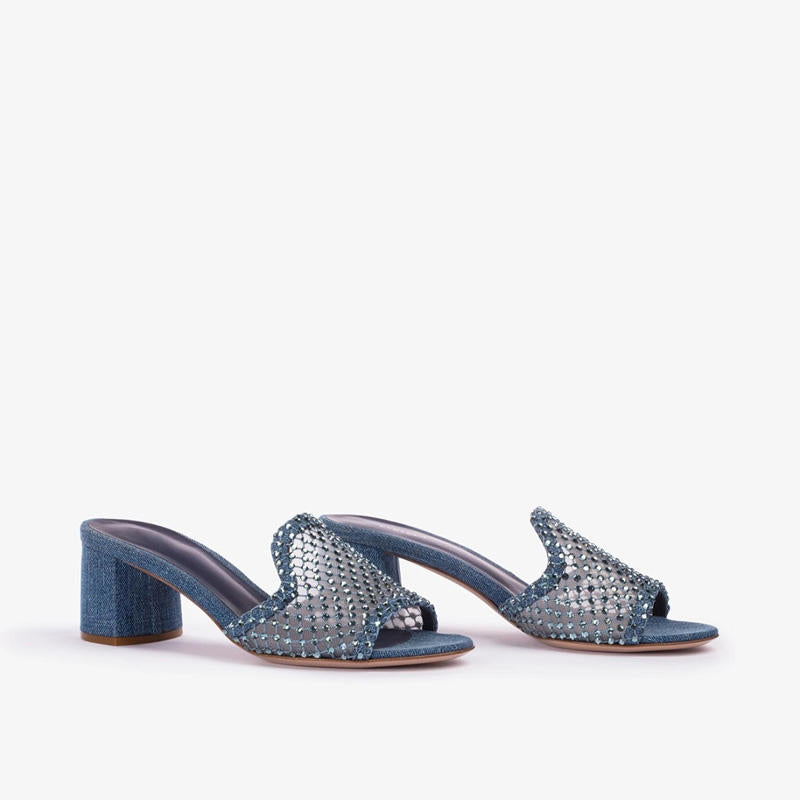 High Quality Women's Crystal Fishnet Denim Mule Sandals Pointed Toe Slingbacks Rubber Casual Block Heel Slides Customizable