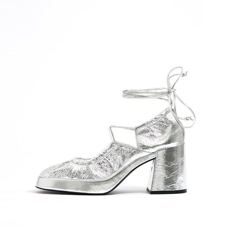 Designer Pumps Manufacturer Designer Thick Heel Platform Heels Pumps Custom Square Toe Silver Chunky Heel Designer Pumps
