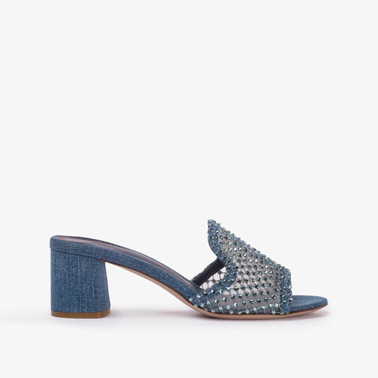 High Quality Women's Crystal Fishnet Denim Mule Sandals Pointed Toe Slingbacks Rubber Casual Block Heel Slides Customizable