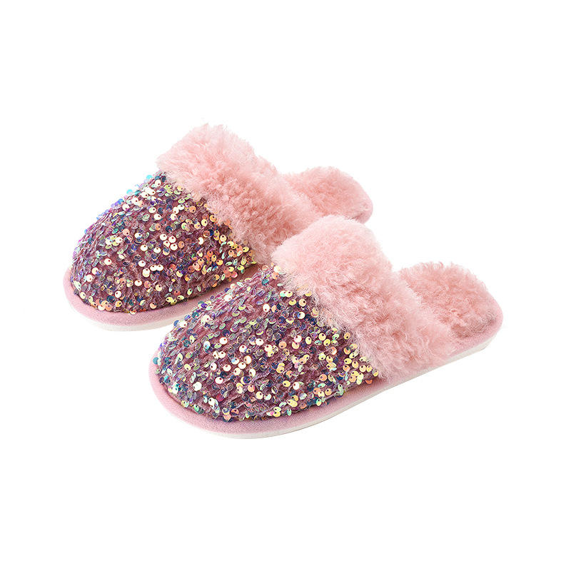 2025 Factory Design Ladies' Sequin Fashion Plush Slippers Winter Warm Indoor Cotton Slippers Women Evergreen Fabric