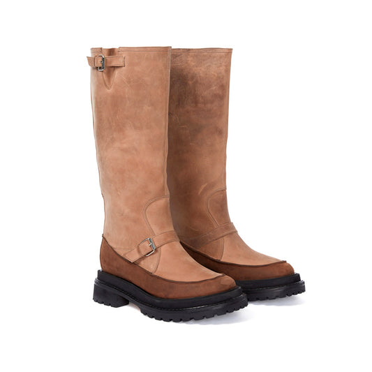 Women's Elegant Midi Winter Warm Boots Suede Leather Flock with Belt Buckle Zipper Round Toe Western Style Flat Design