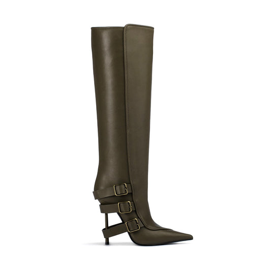 Women's Knee-High Tube Boots Pointed Toe High Heel Solid PU Autumn Winter Combat Slip-On Closure Long Rubber Tube Design