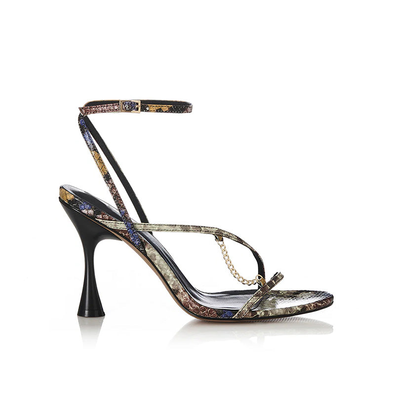 2025 Ladies' Snake Print Leather Stiletto High Spool Heels Multi-Strap Open Party Sandals Women Summer Styles