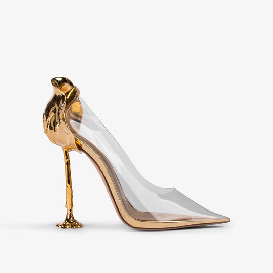 Women PVC Heels Pumps Pointed Toe Transparent PVC Upper Metallic Gold Heel Shoes Luxury Party Wedding Pumps for Summer
