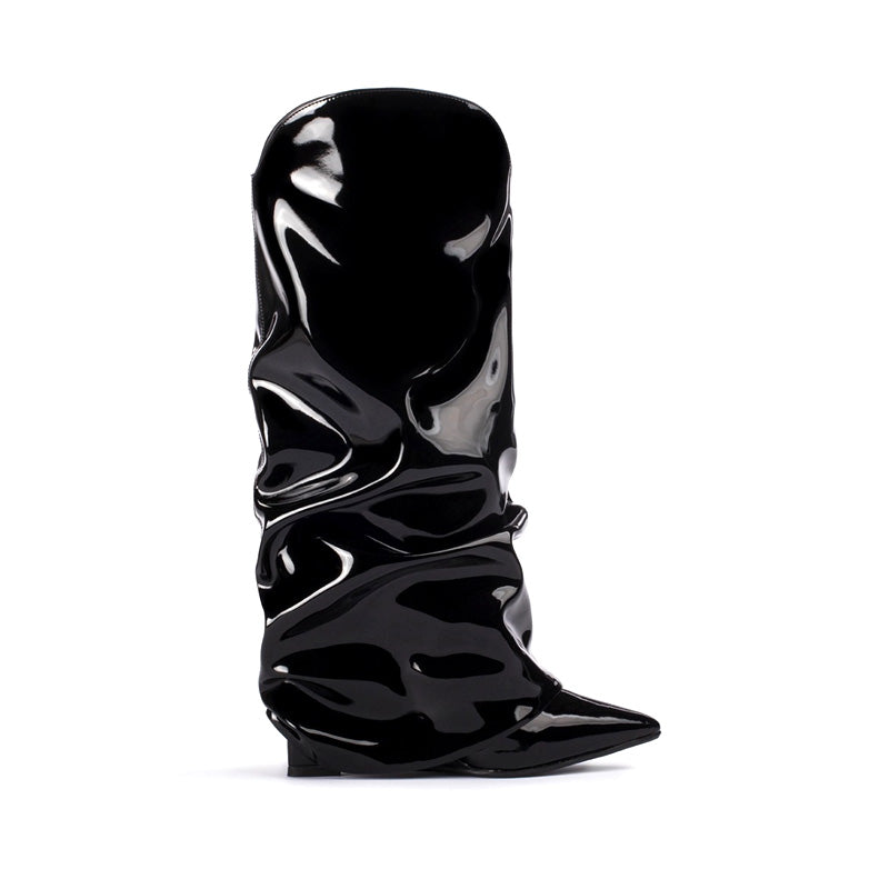 2025 New Brand Ladies Beautiful Gold Metallic Leather Wedge Boots Handmade Genuine Leather Lining for Winter Autumn Spring