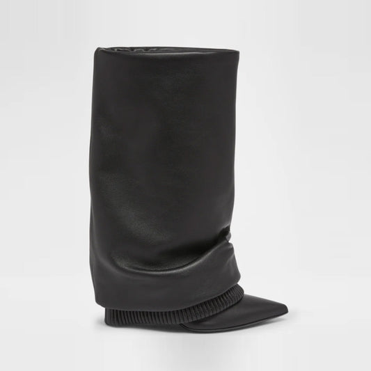 2025 Women's Midi Boots Soft Black Genuine Leather Sexy Pointed Toe Comfortable Zip Closure Slip-On for Autumn Winter