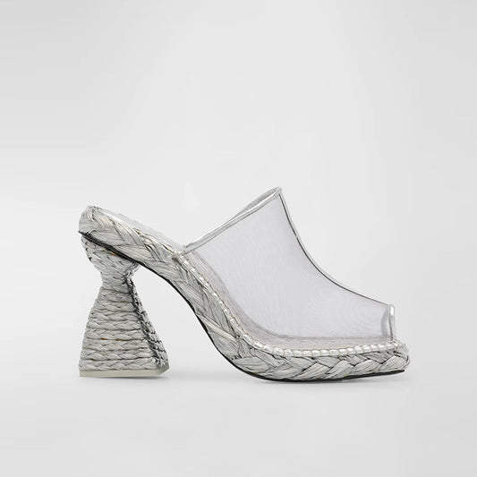 High Heel Espadrille Shoes Women Open Toe Barefoot Pumps Transparent PVC Upper Woven Block Heel Breathable Leather PU