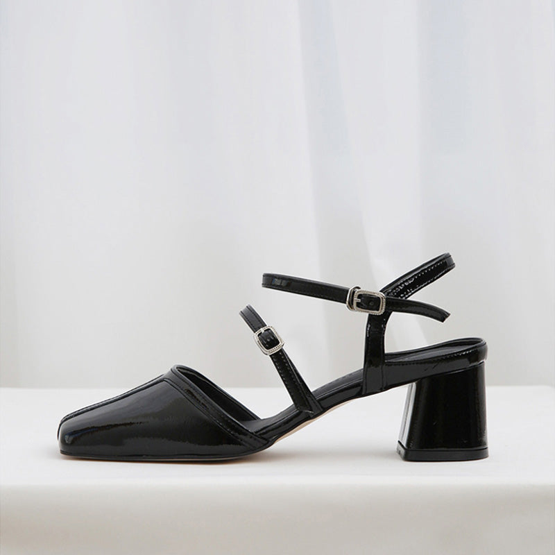 Women's Genuine Leather Pumps Square Toe Block Heel Buckle Strap Mary Jane Ankle Shoes Office Lace High Fashionable