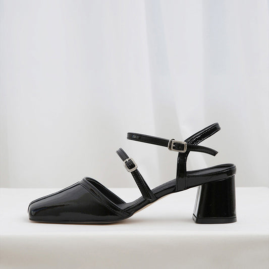 Women's Genuine Leather Pumps Square Toe Block Heel Buckle Strap Mary Jane Ankle Shoes Office Lace High Fashionable