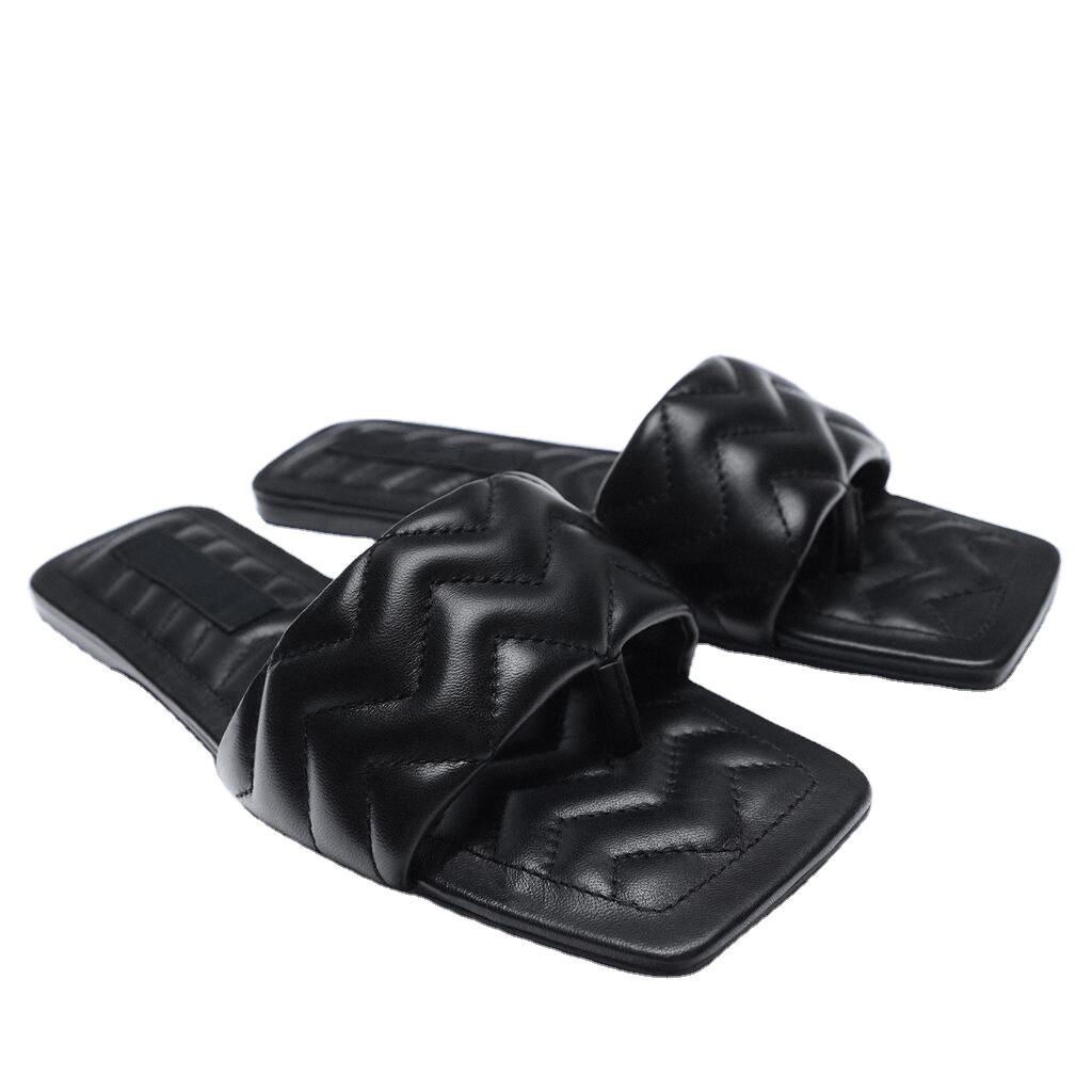 Summer European American Open Toe Woven Flat Shoes for Women Black Leather Lined Beach Slippers Sandals-Wholesale