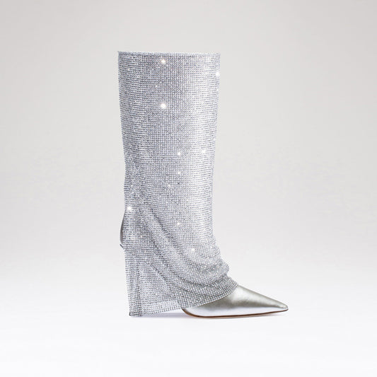 2025 Women's Luxury Silver Bright Rhinestone High-Heeled Long Boots Knee High Catwalk Nightclub Western Printed