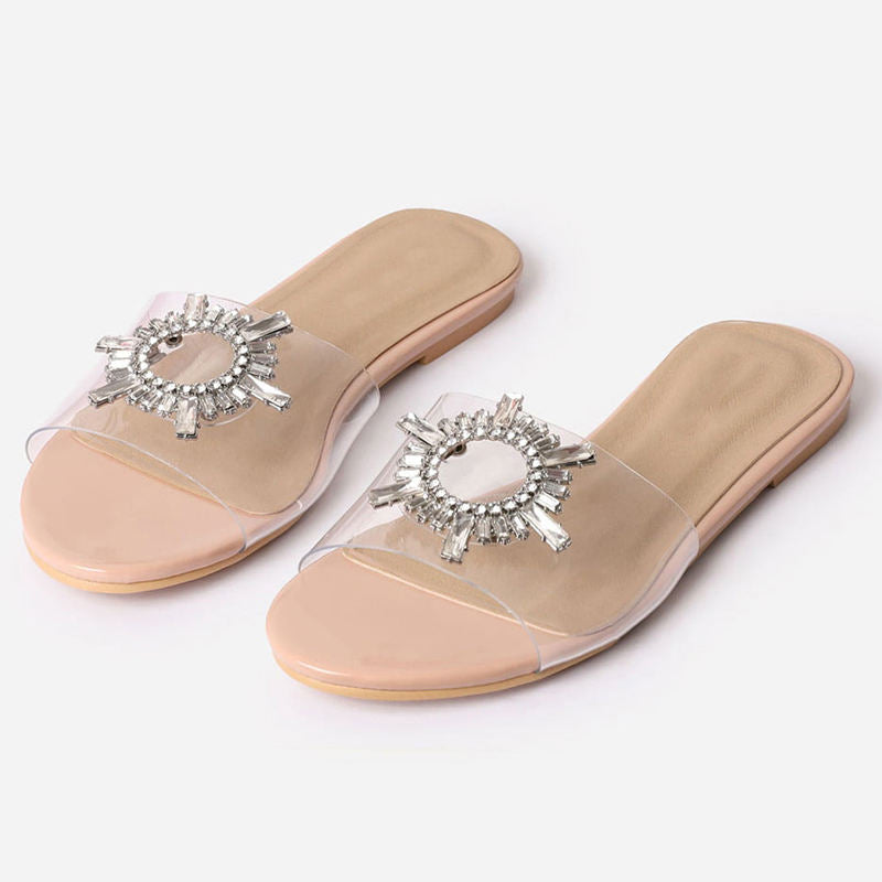 Women Open Toe Transparent Clear PVC Casual Flat Slide Crystal Slippers Women Shoe Manufacturer Custom Flat Sandals