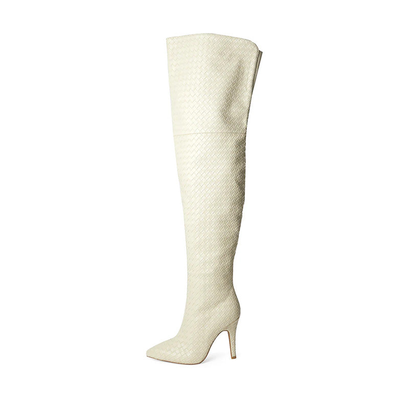 Women's White Woven Thigh High Boots New Style Zipper Winter Long Boots with Thin Low Heel for Autumn