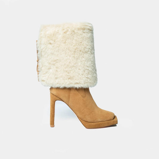 Women's Winter Square Toe High Heel Fur Boots Fashion Trend Knee-High Suede Long Boots with Soft Leather Shaft