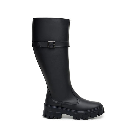 Women's Winter Zipper up Vegan Leather Knee High Boots with Chunky Sole Anti-Slip Flats and Round Design