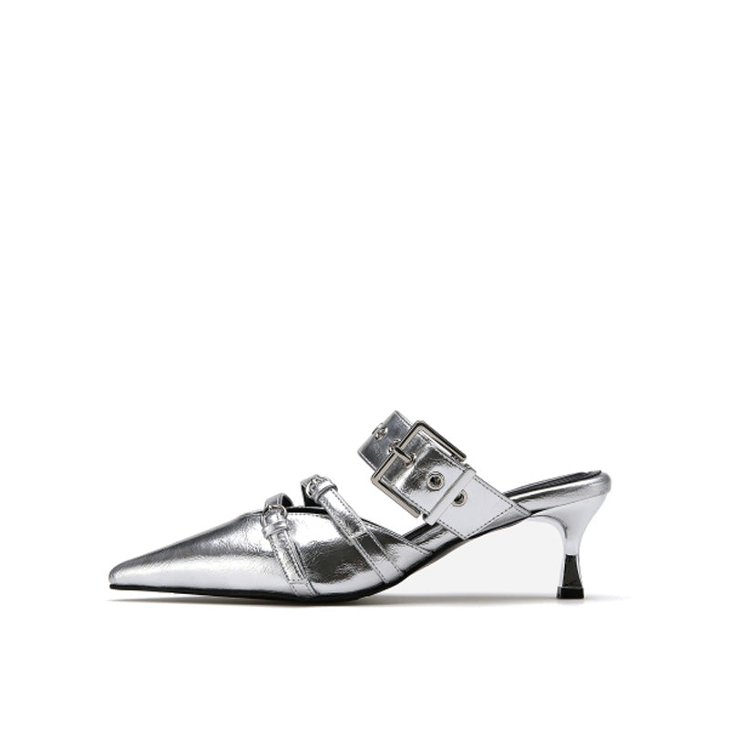 2025 Summer Silver Sexy High-Heeled Sandals Women Comfortable Bridal Shoes Pointed Belt Buckle Thin Heel Party Shoes