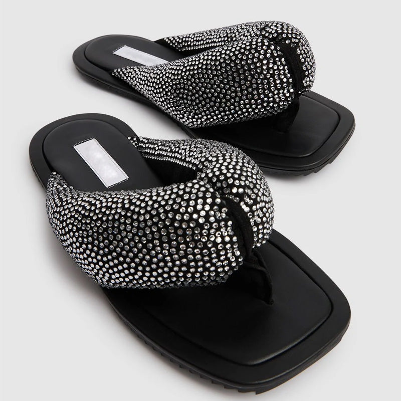 Women's Flip-Flops Sandals with Black Flat Heels Gold Rivet PU Insole Round Toe Printed Slippers for Beach or Summer