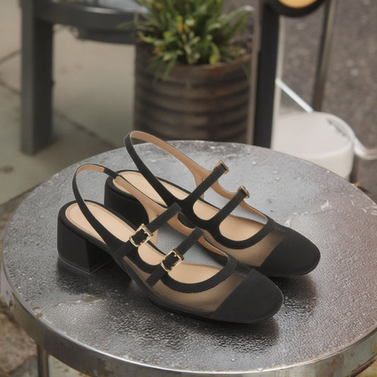 Elegant Mesh Upper Dress Block Heel Shoes for Ladies Autumn Season Ankle Strap Slingbacks Button Closure Wedding Party