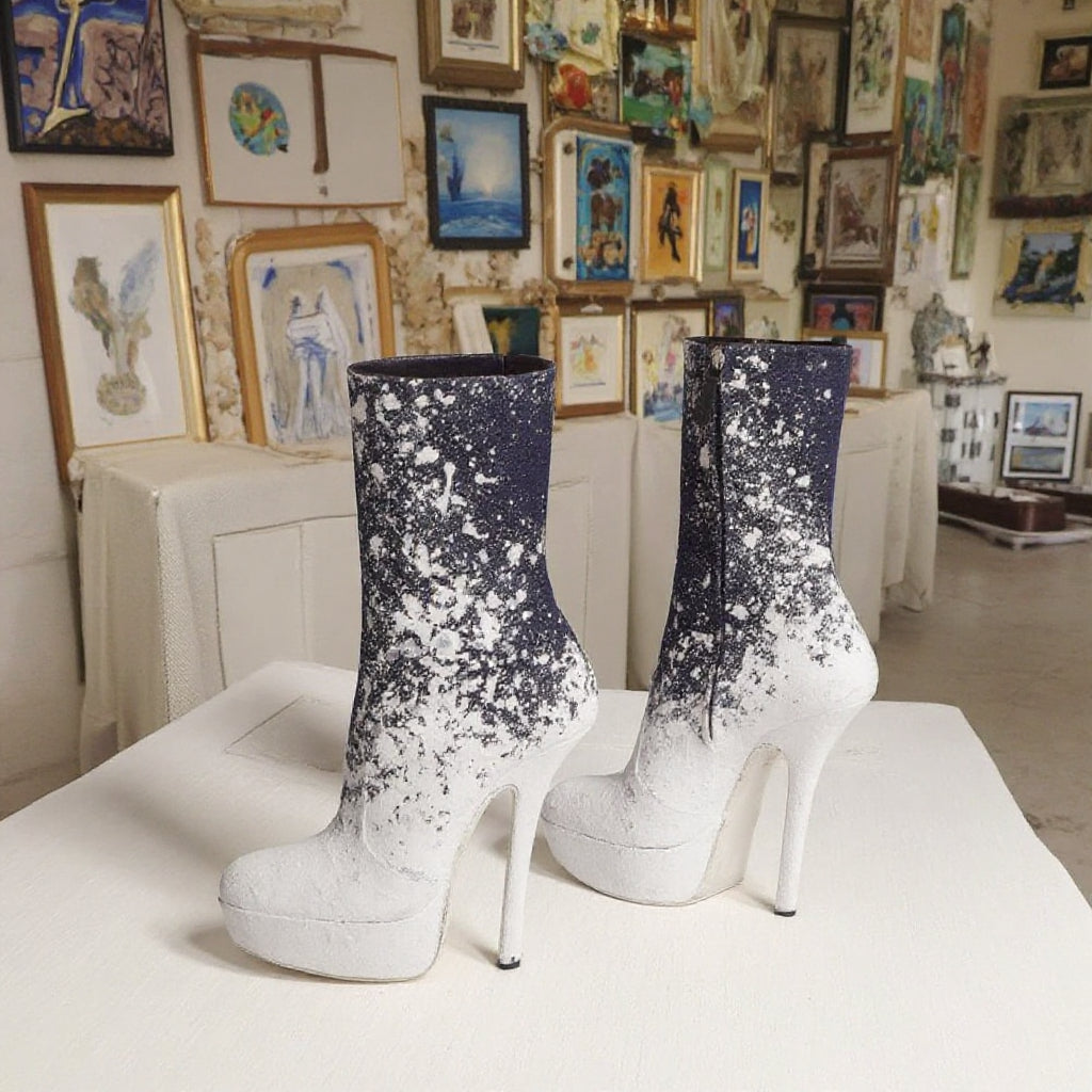 2025 Winter Women's Fashion Ankle-Height Sequin Boots Zipped High Heels Genuine Leather Lining Sexy Party ArtisticAnkle Boots